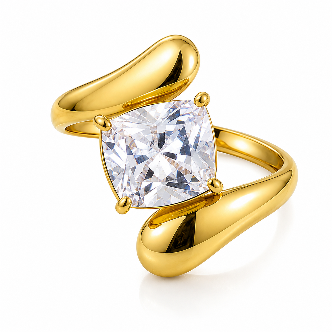 Modern Wavy Solitaire Zircon Golden Flexi Size Ring | 18K PVD Gold Plated- For Women | Includes: Ring
