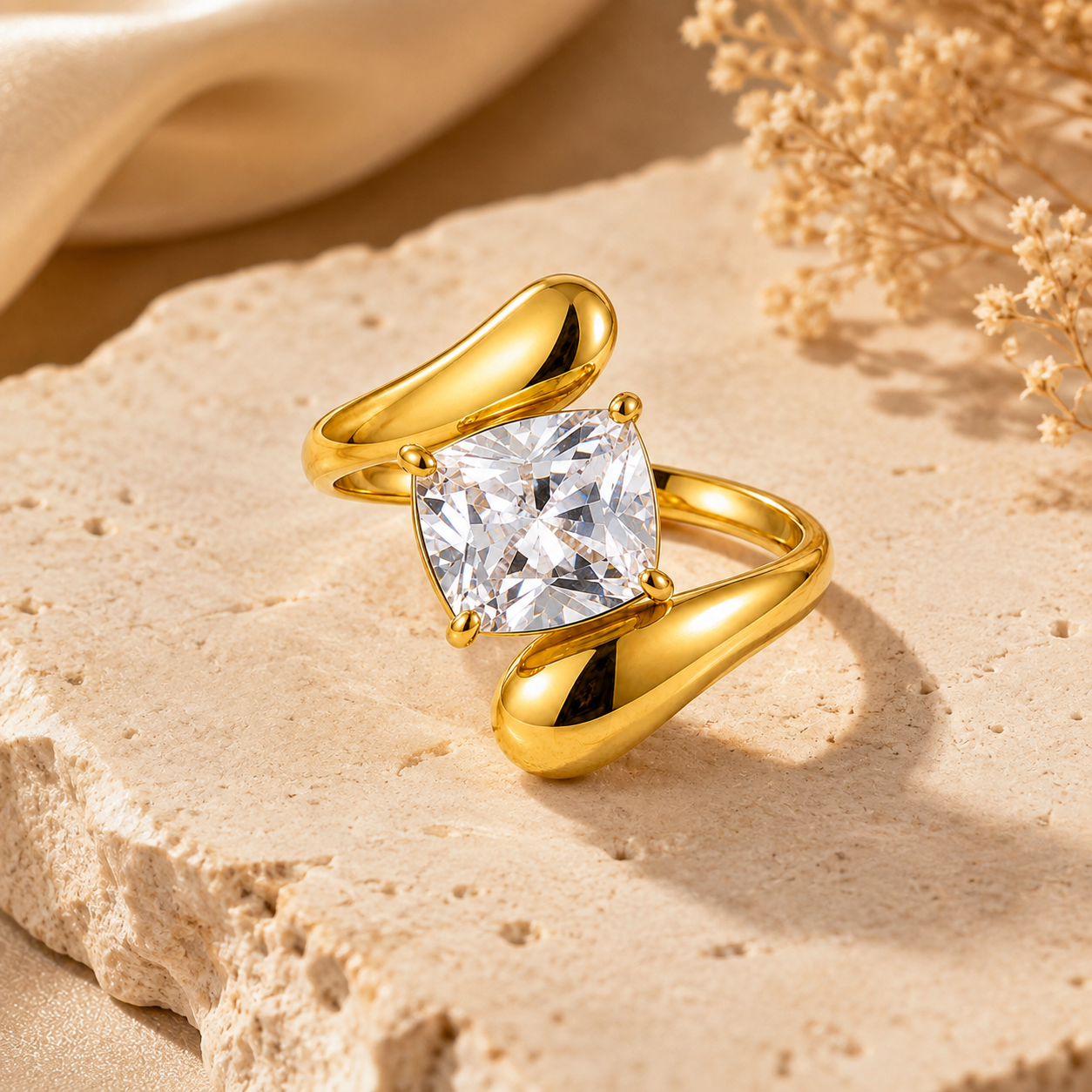 Modern Wavy Solitaire Zircon Golden Flexi Size Ring | 18K PVD Gold Plated- For Women | Includes: Ring