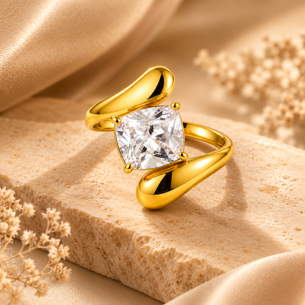 Modern Wavy Solitaire Zircon Golden Flexi Size Ring | 18K PVD Gold Plated- For Women | Includes: Ring