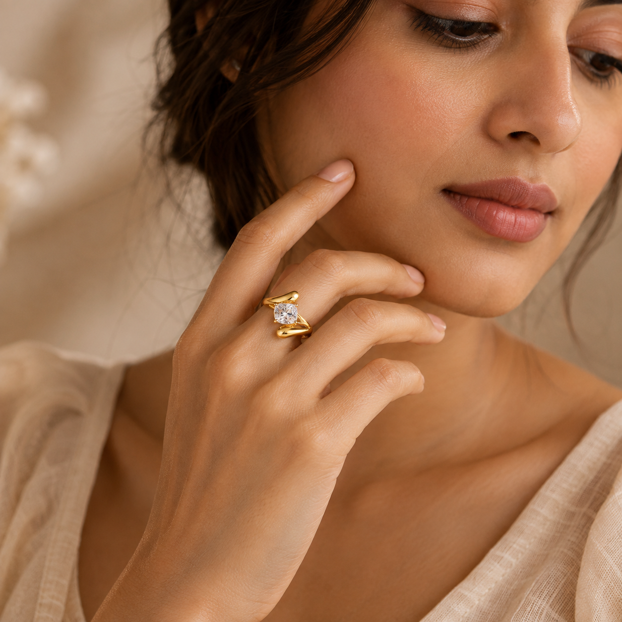 Modern Wavy Solitaire Zircon Golden Flexi Size Ring | 18K PVD Gold Plated- For Women | Includes: Ring