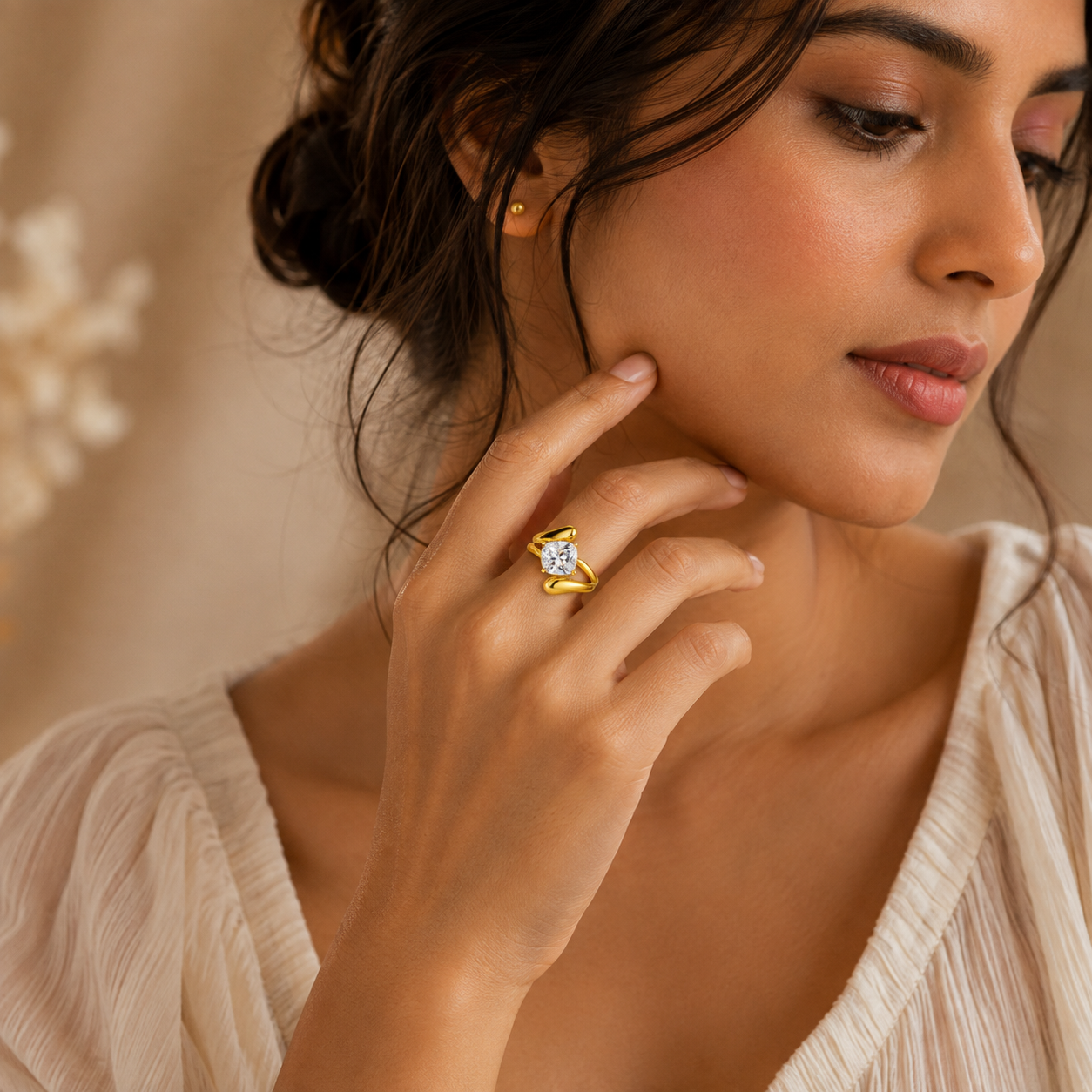 Modern Wavy Solitaire Zircon Golden Flexi Size Ring | 18K PVD Gold Plated- For Women | Includes: Ring
