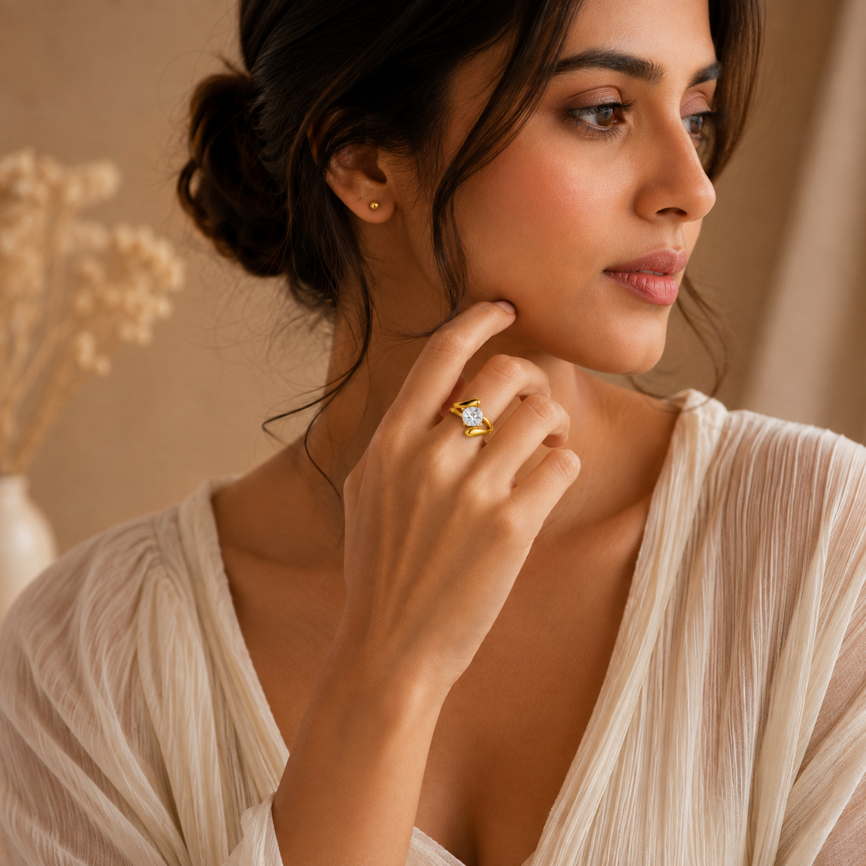 Modern Wavy Solitaire Zircon Golden Flexi Size Ring | 18K PVD Gold Plated- For Women | Includes: Ring