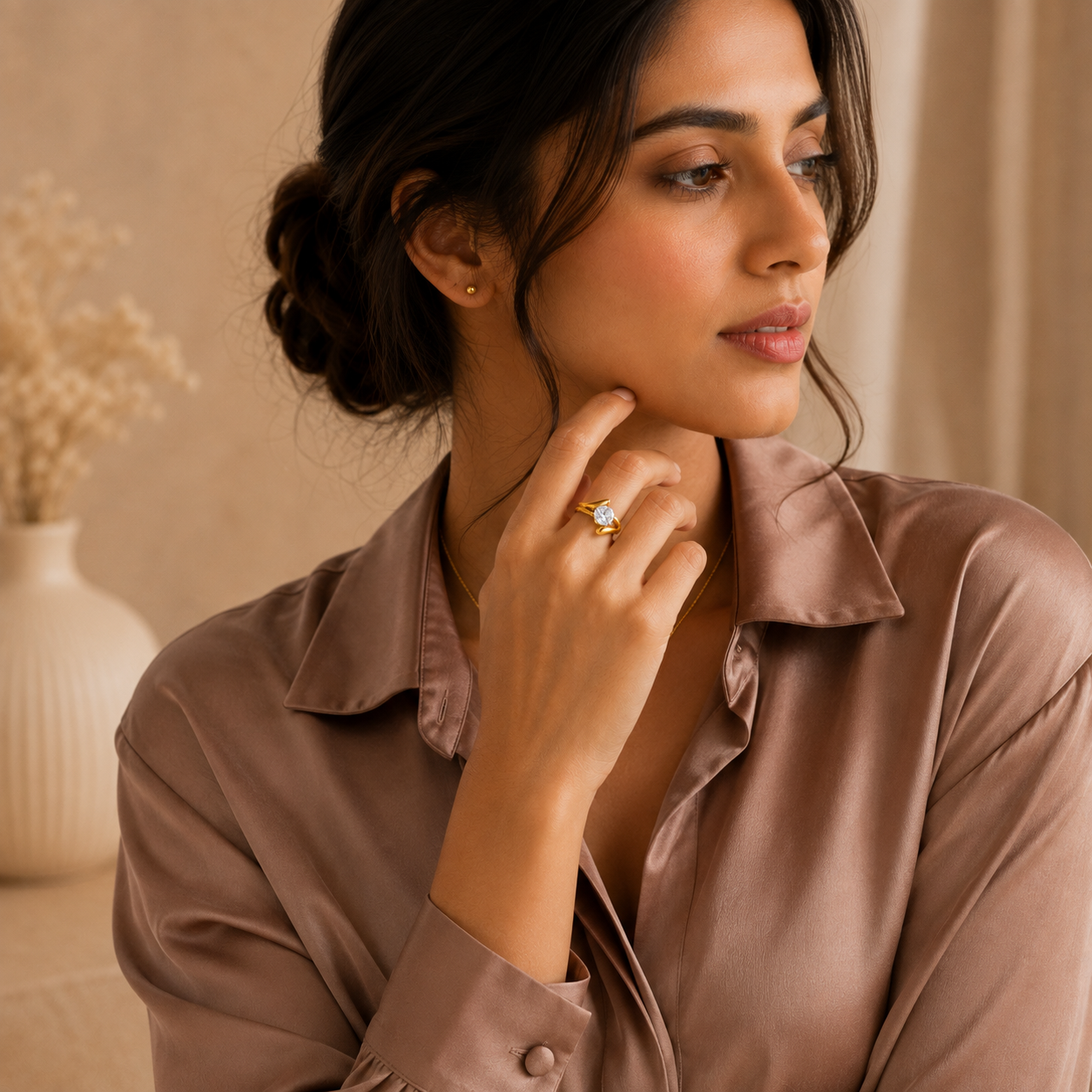 Modern Wavy Solitaire Zircon Golden Flexi Size Ring | 18K PVD Gold Plated- For Women | Includes: Ring