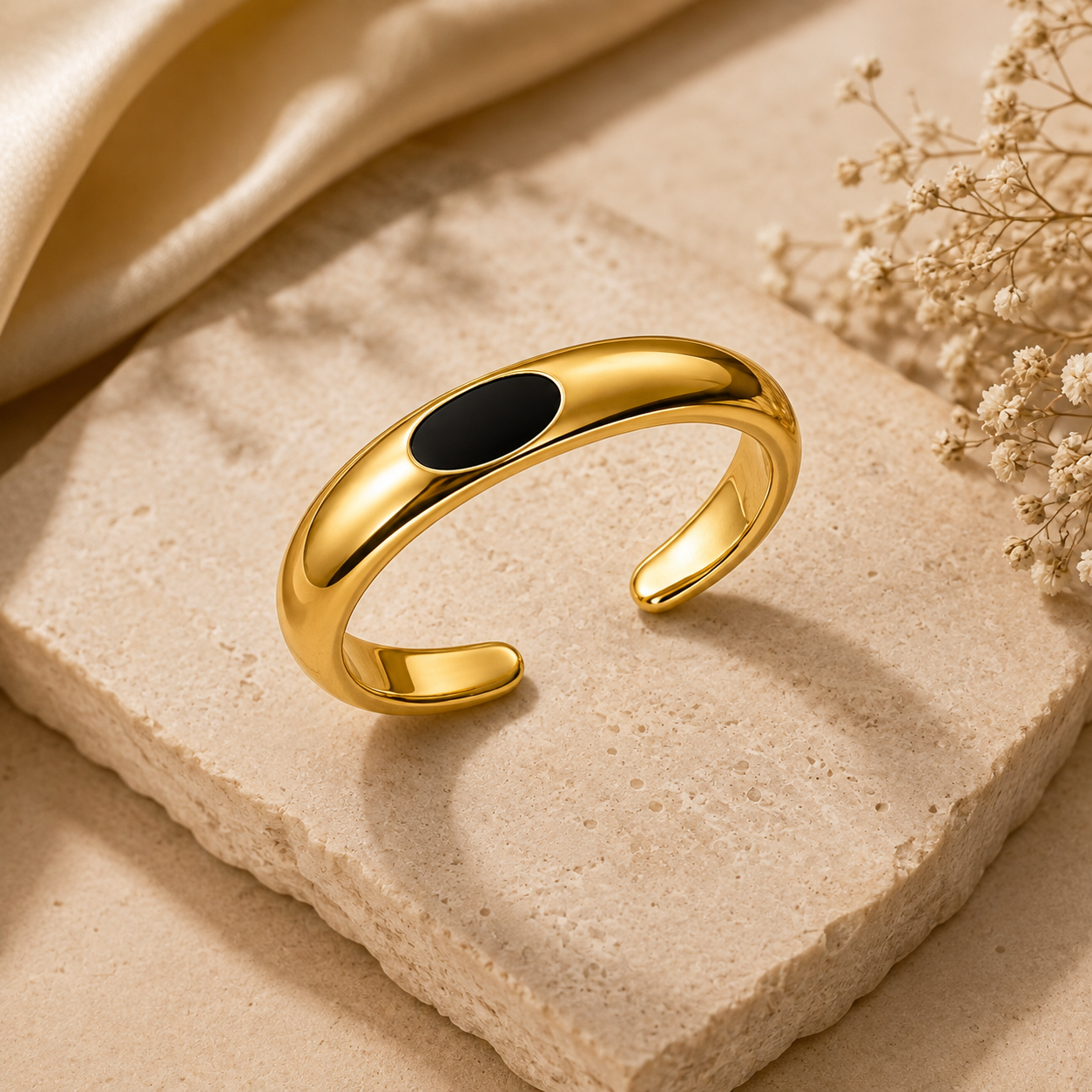 Ultra modern inlaid Black Heart Flexi Size Ring | 18K PVD Gold Plated- For Women | Includes: Ring