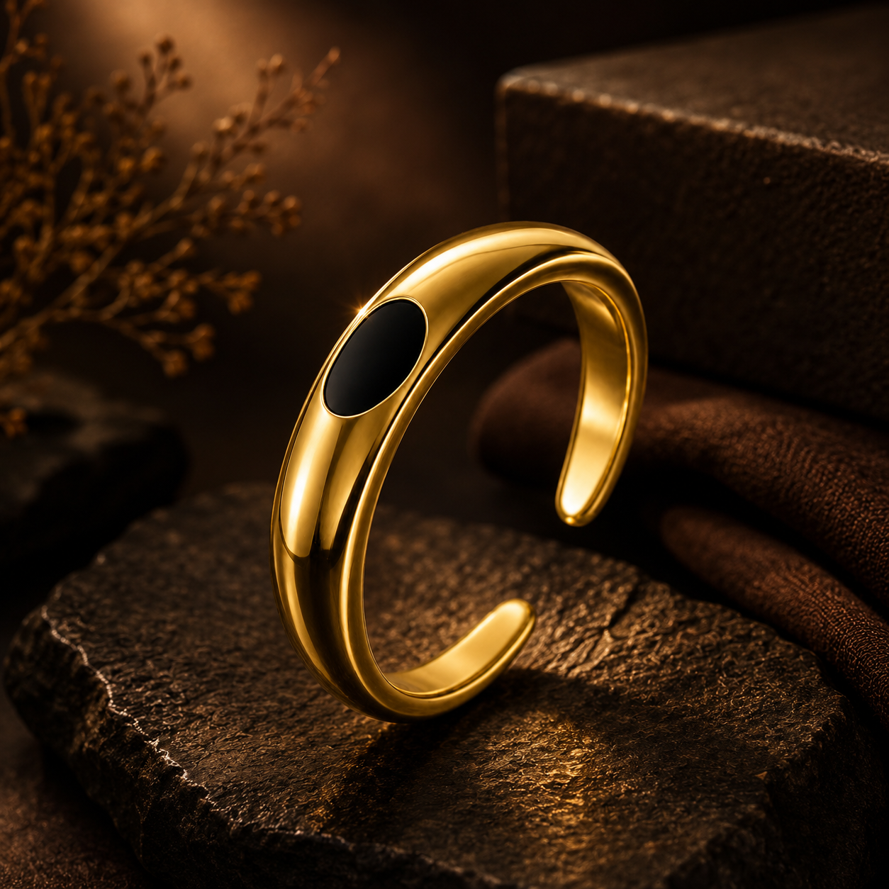 Ultra modern inlaid Black Heart Flexi Size Ring | 18K PVD Gold Plated- For Women | Includes: Ring