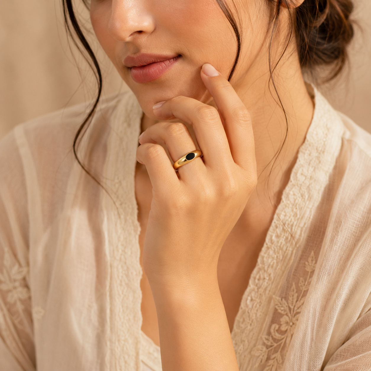 Ultra modern inlaid Black Heart Flexi Size Ring | 18K PVD Gold Plated- For Women | Includes: Ring