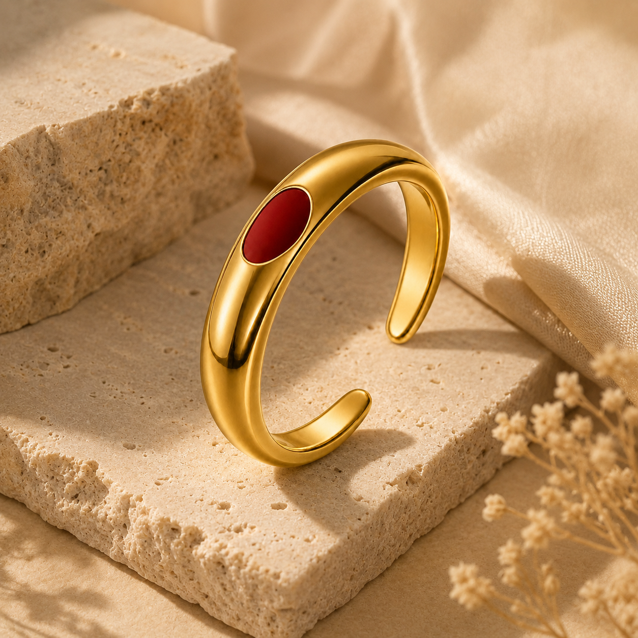 Ultra modern inlaid Red Heart Flexi Size Ring | 18K PVD Gold Plated- For Women | Includes: Ring