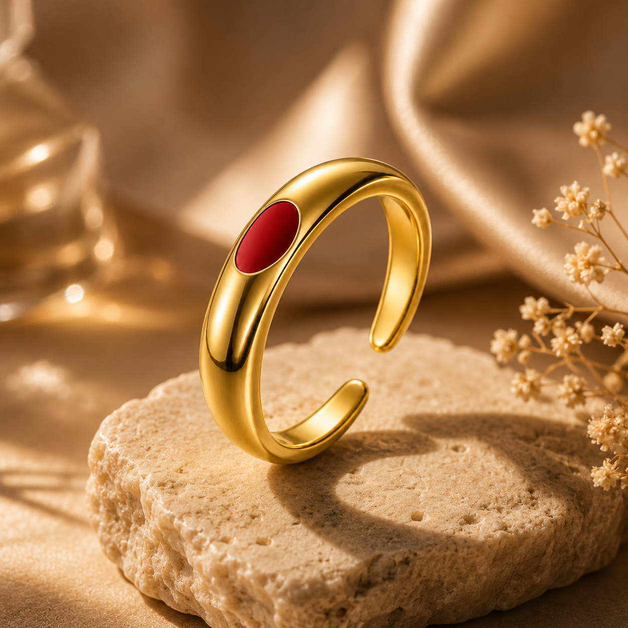 Ultra modern inlaid Red Heart Flexi Size Ring | 18K PVD Gold Plated- For Women | Includes: Ring