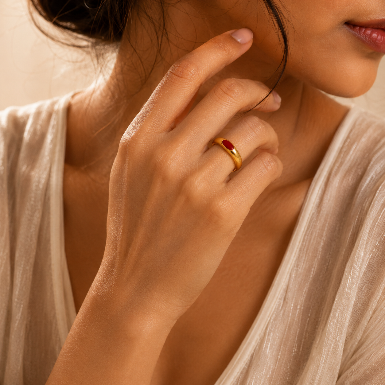 Ultra modern inlaid Red Heart Flexi Size Ring | 18K PVD Gold Plated- For Women | Includes: Ring