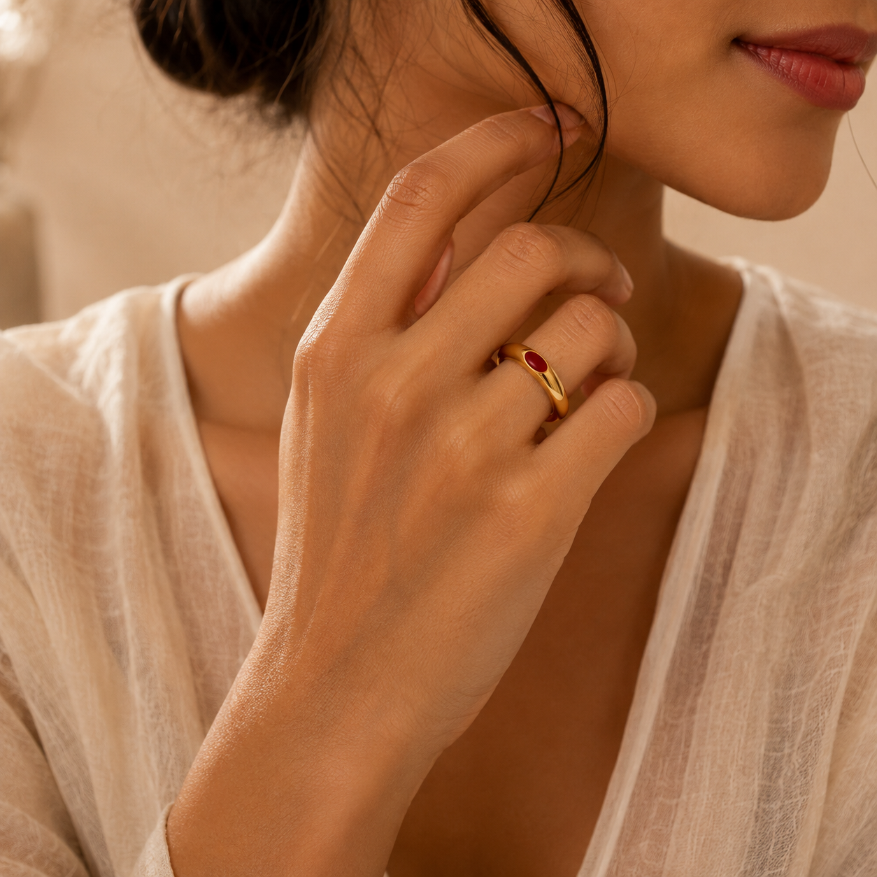 Ultra modern inlaid Red Heart Flexi Size Ring | 18K PVD Gold Plated- For Women | Includes: Ring