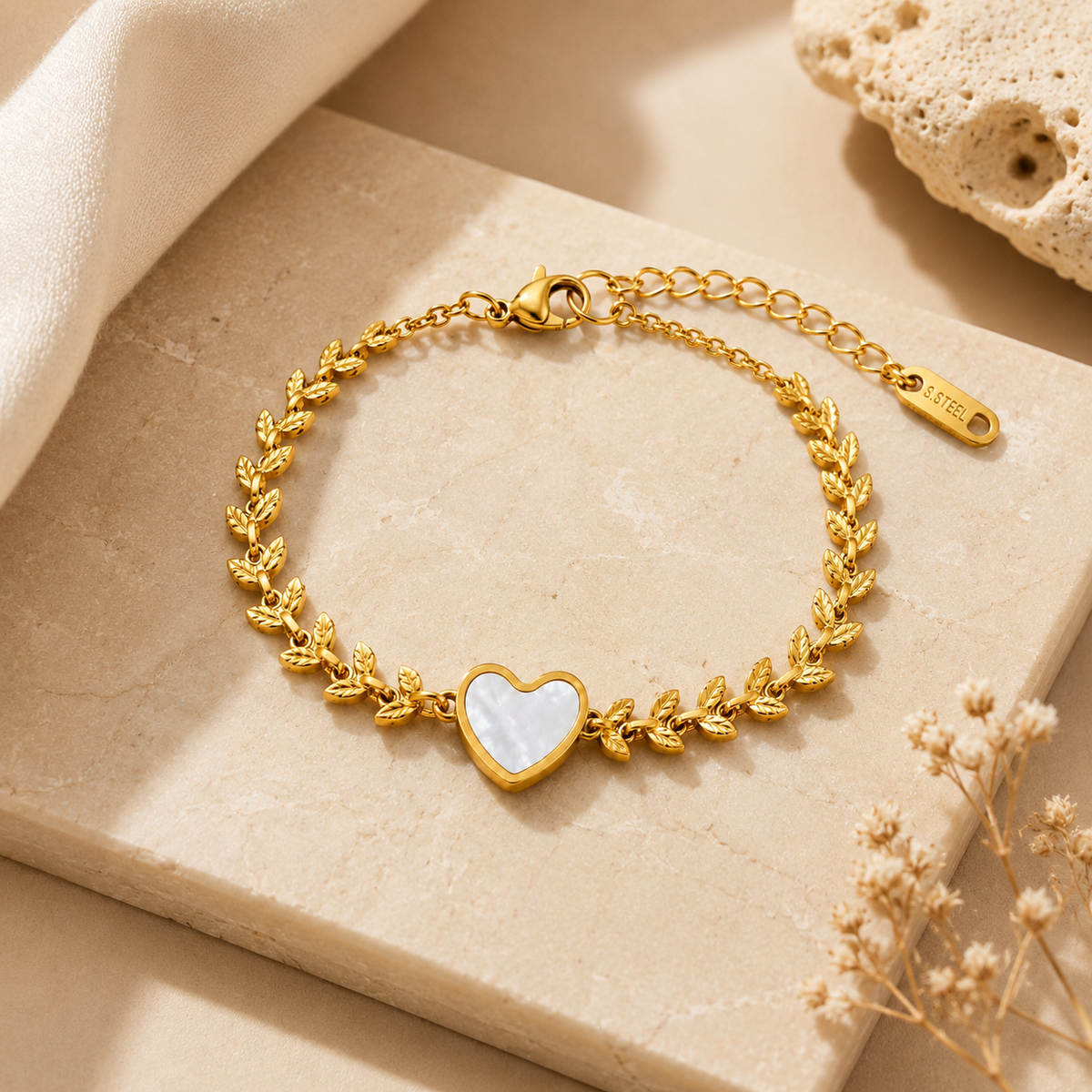Laurel White HEART & LEAF Bracelet | Gold-Tone - For Women | Includes: Bracelet