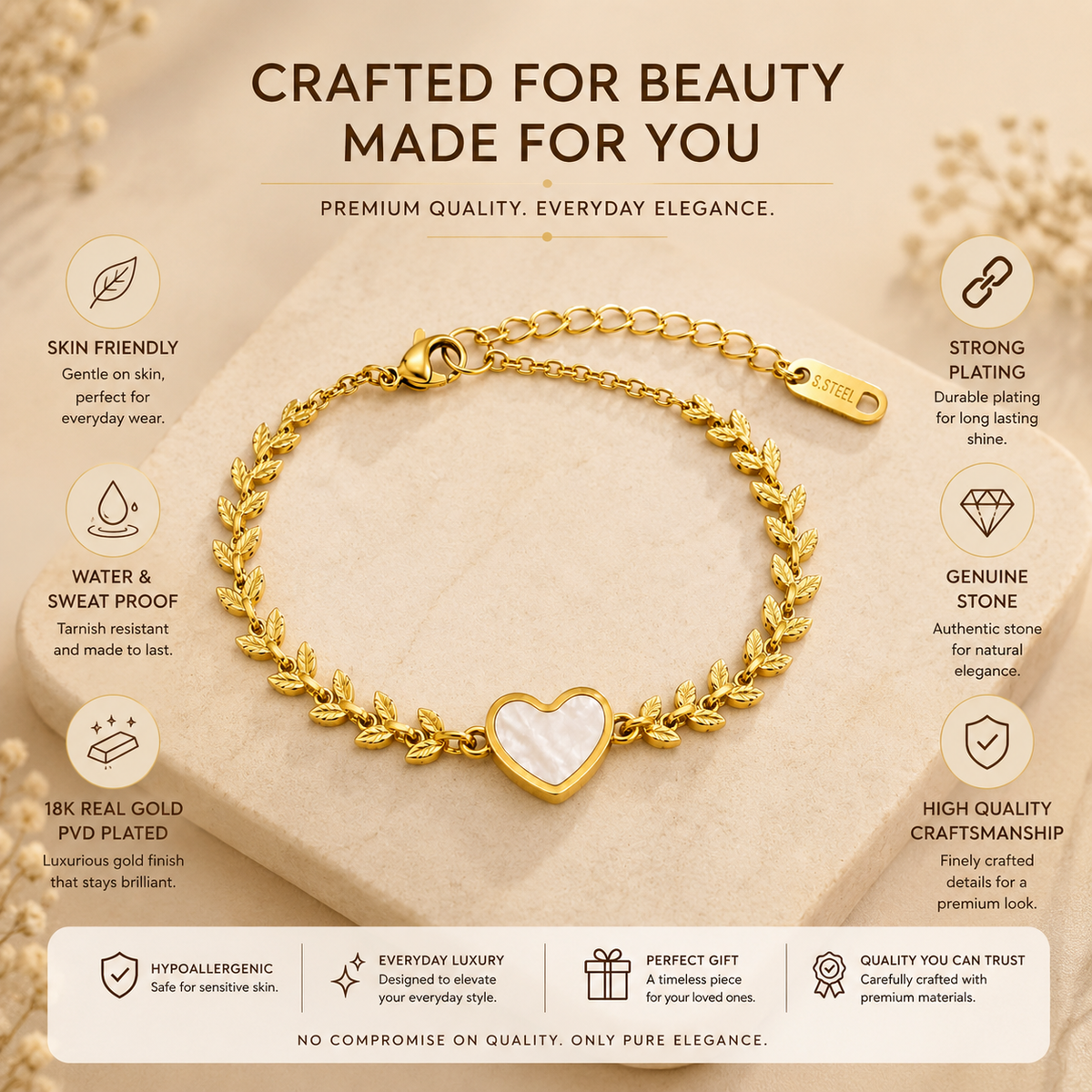 Laurel White HEART & LEAF Bracelet | Gold-Tone - For Women | Includes: Bracelet
