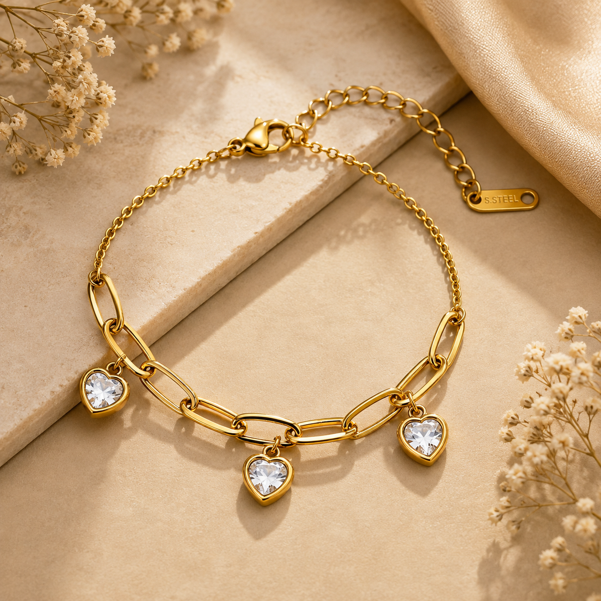 Devotion Clear TRIPLE HEART CHARM Bracelet | Gold-Tone - For Women | Includes: Bracelet
