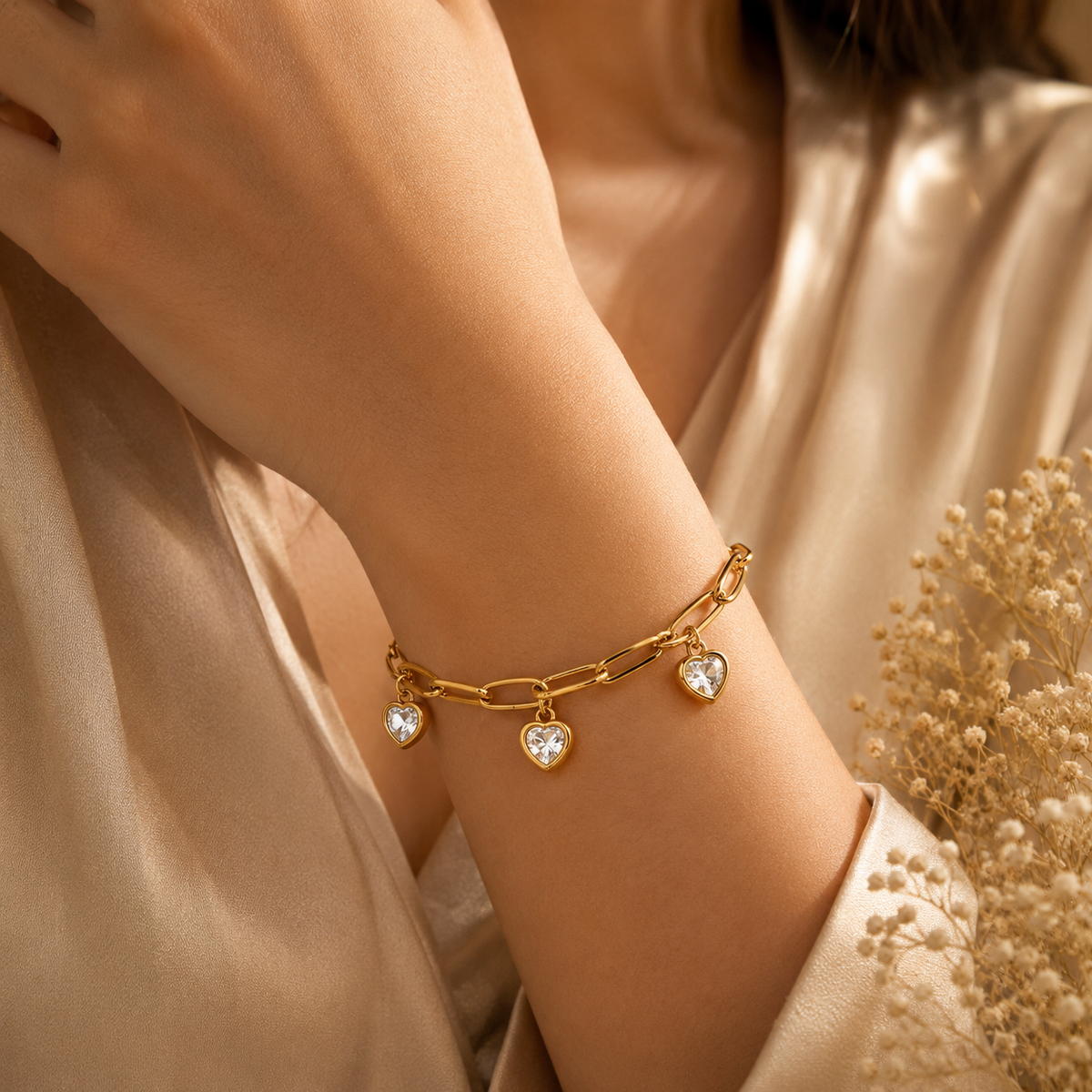 Devotion Clear TRIPLE HEART CHARM Bracelet | Gold-Tone - For Women | Includes: Bracelet