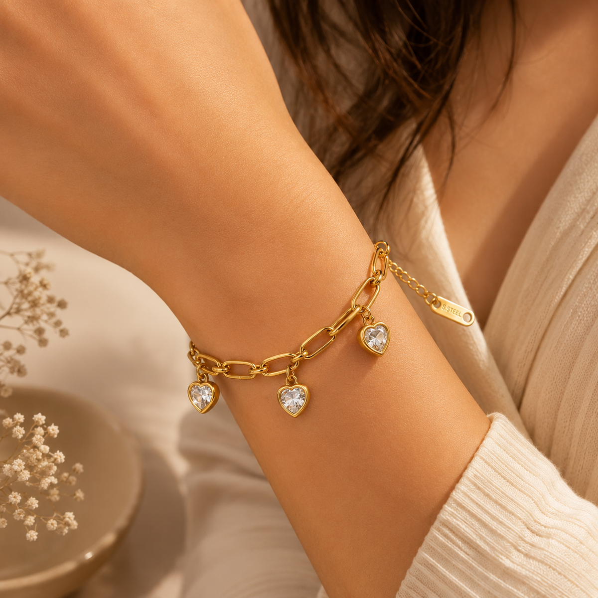 Devotion Clear TRIPLE HEART CHARM Bracelet | Gold-Tone - For Women | Includes: Bracelet