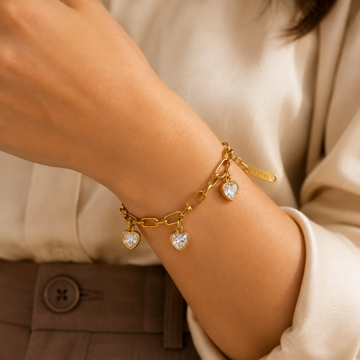 Devotion Clear TRIPLE HEART CHARM Bracelet | Gold-Tone - For Women | Includes: Bracelet