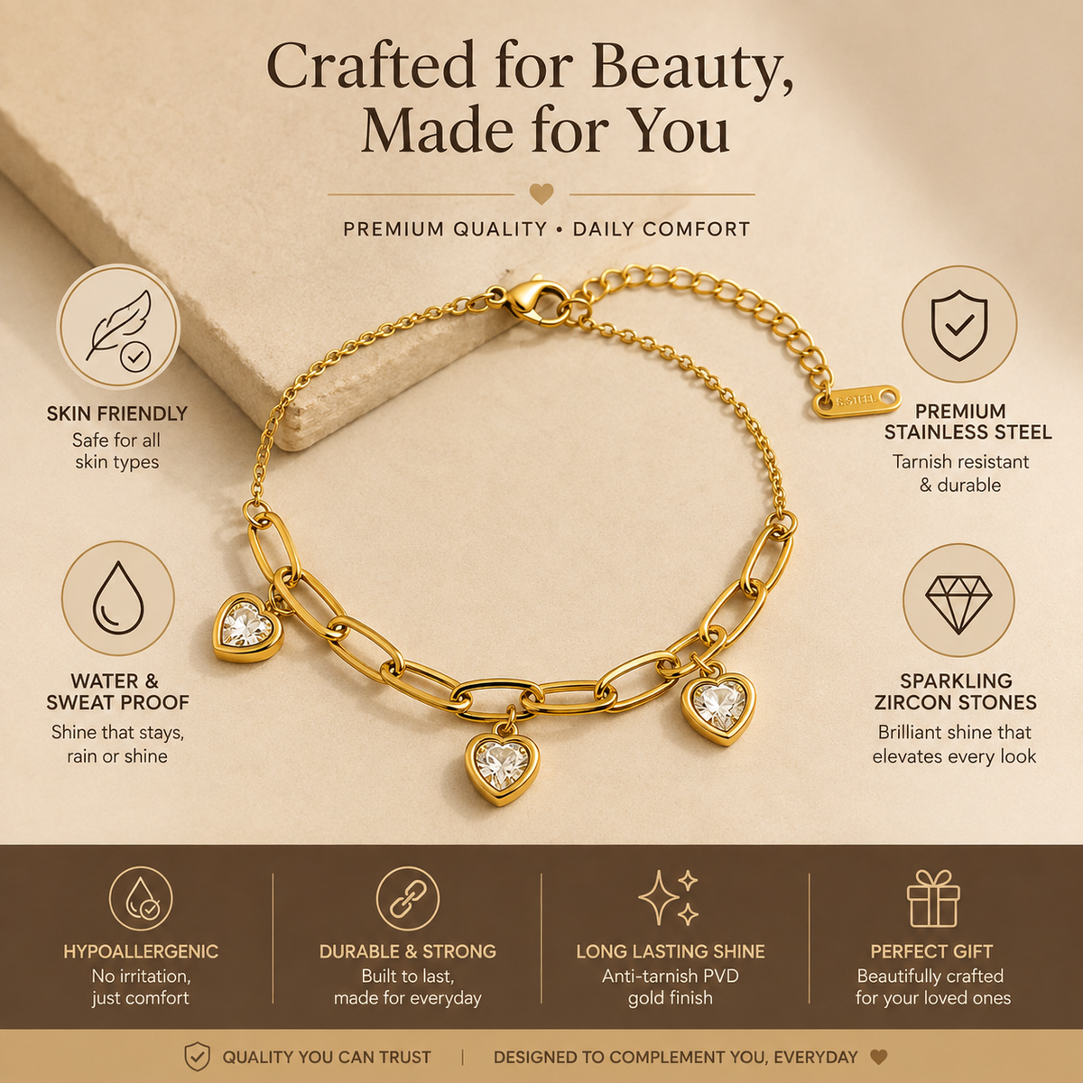 Devotion Clear TRIPLE HEART CHARM Bracelet | Gold-Tone - For Women | Includes: Bracelet