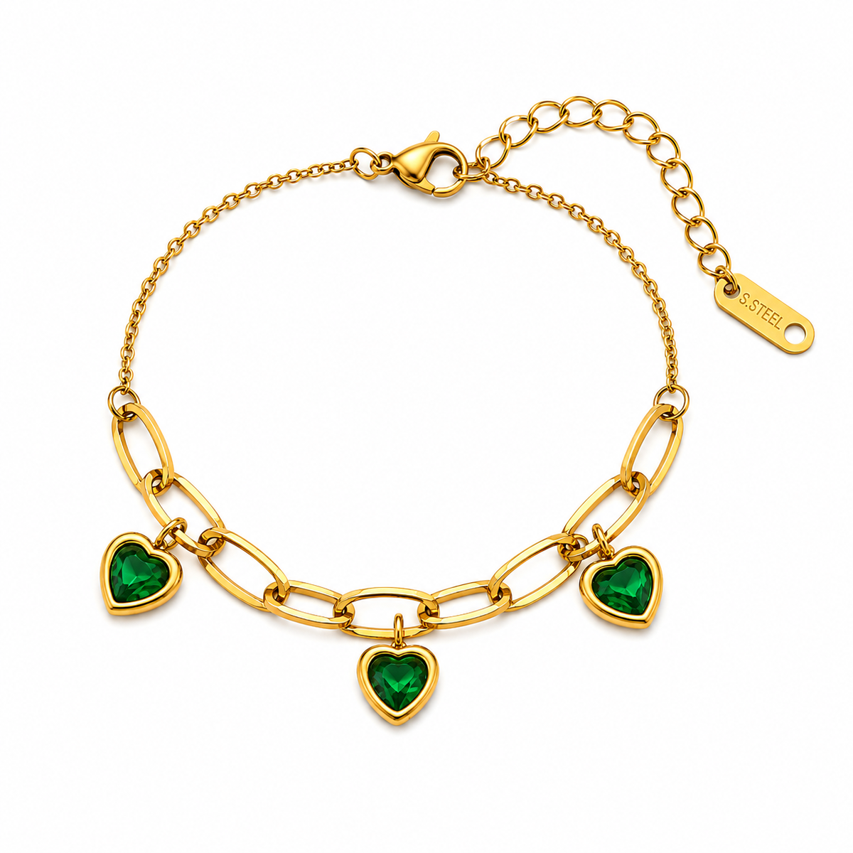 Enchanted Green TRIPLE HEART CHARM Bracelet | Gold-Tone - For Women | Includes: Bracelet