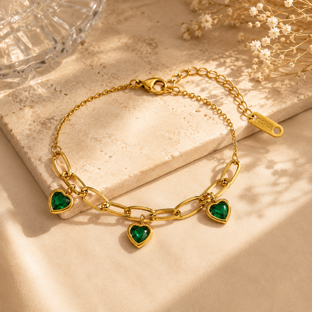 Enchanted Green TRIPLE HEART CHARM Bracelet | Gold-Tone - For Women | Includes: Bracelet