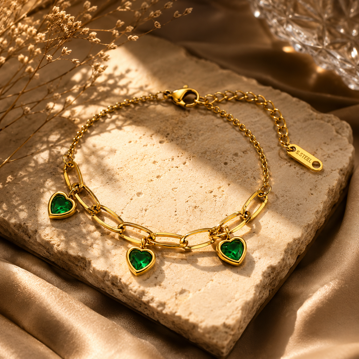 Enchanted Green TRIPLE HEART CHARM Bracelet | Gold-Tone - For Women | Includes: Bracelet