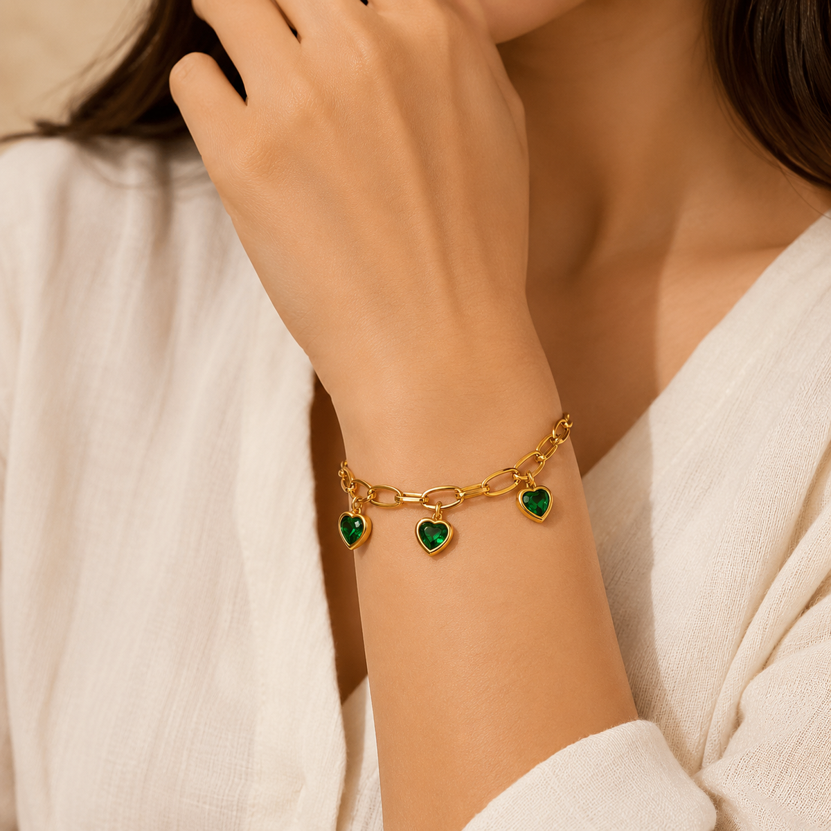 Enchanted Green TRIPLE HEART CHARM Bracelet | Gold-Tone - For Women | Includes: Bracelet