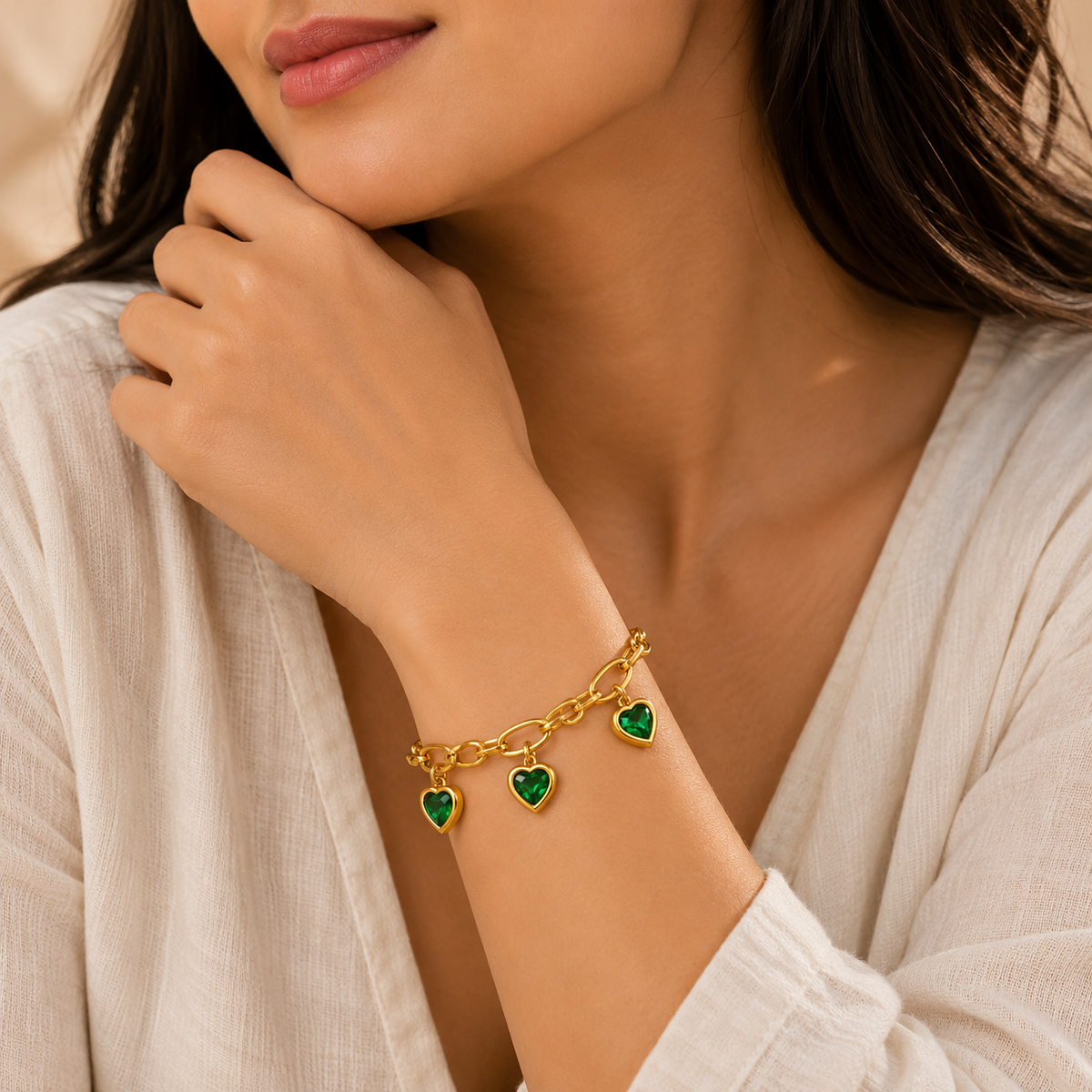 Enchanted Green TRIPLE HEART CHARM Bracelet | Gold-Tone - For Women | Includes: Bracelet