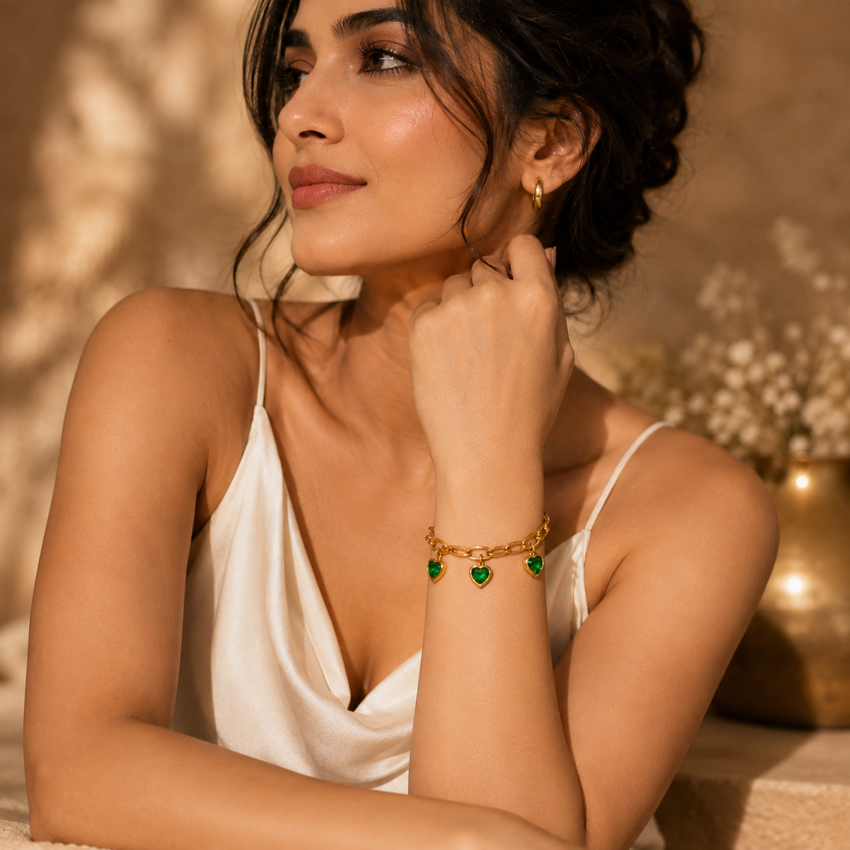 Enchanted Green TRIPLE HEART CHARM Bracelet | Gold-Tone - For Women | Includes: Bracelet
