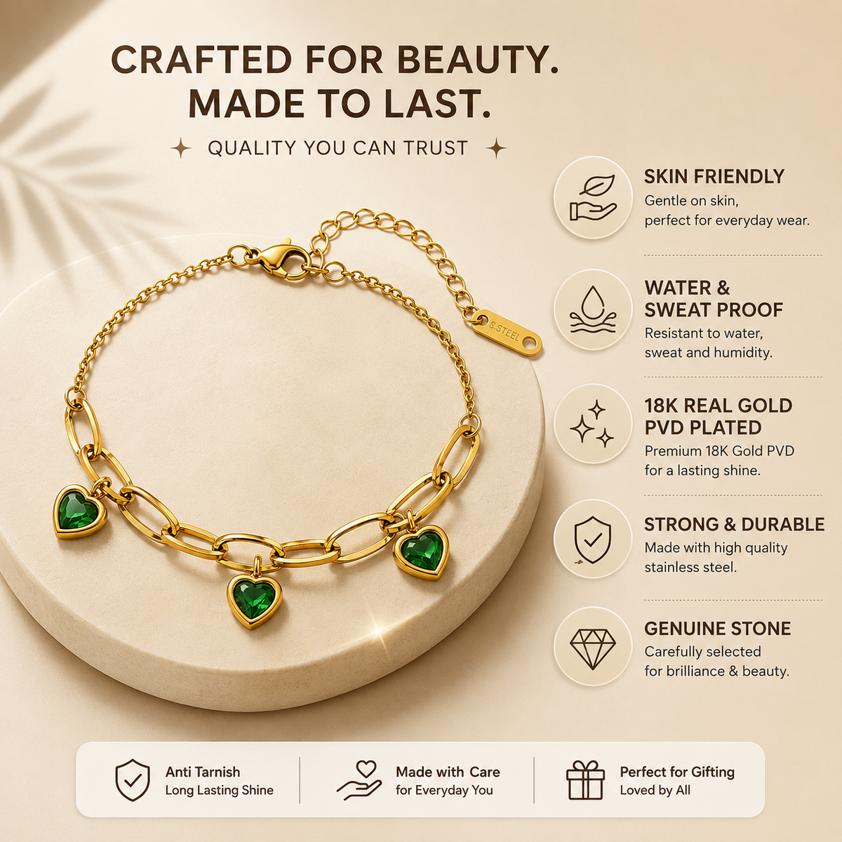 Enchanted Green TRIPLE HEART CHARM Bracelet | Gold-Tone - For Women | Includes: Bracelet
