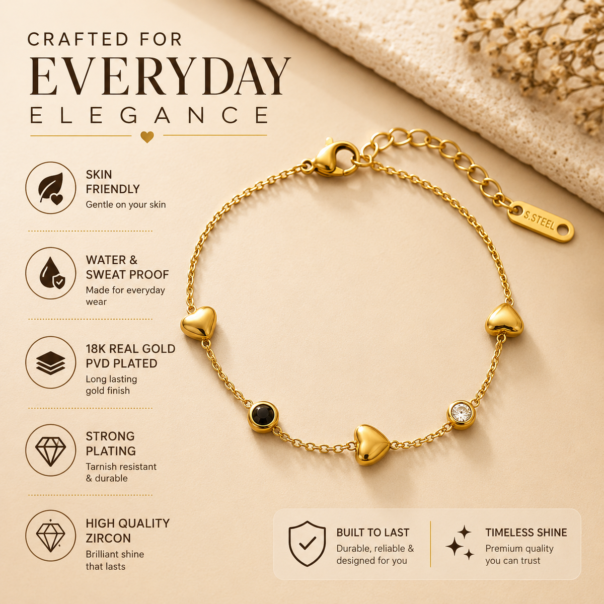 Harmony HEART & CONTRAST ACCENT Bracelet | Gold-Tone - For Women | Includes: Bracelet