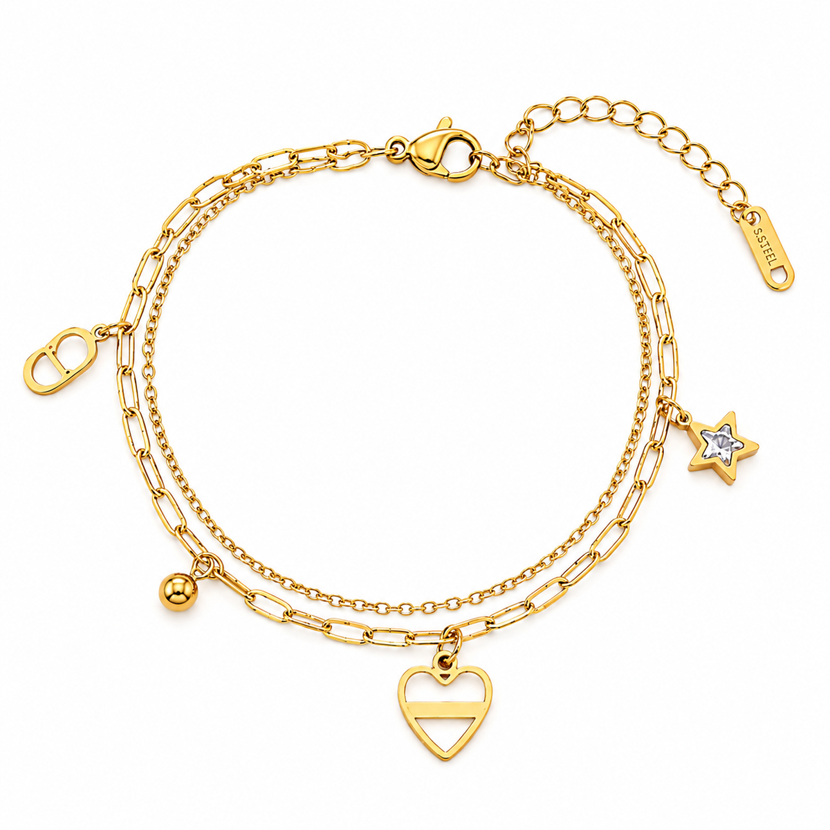 Celestial HEART & STAR LAYERED CHARM Bracelet | Gold-Tone - For Women | Includes: Bracelet