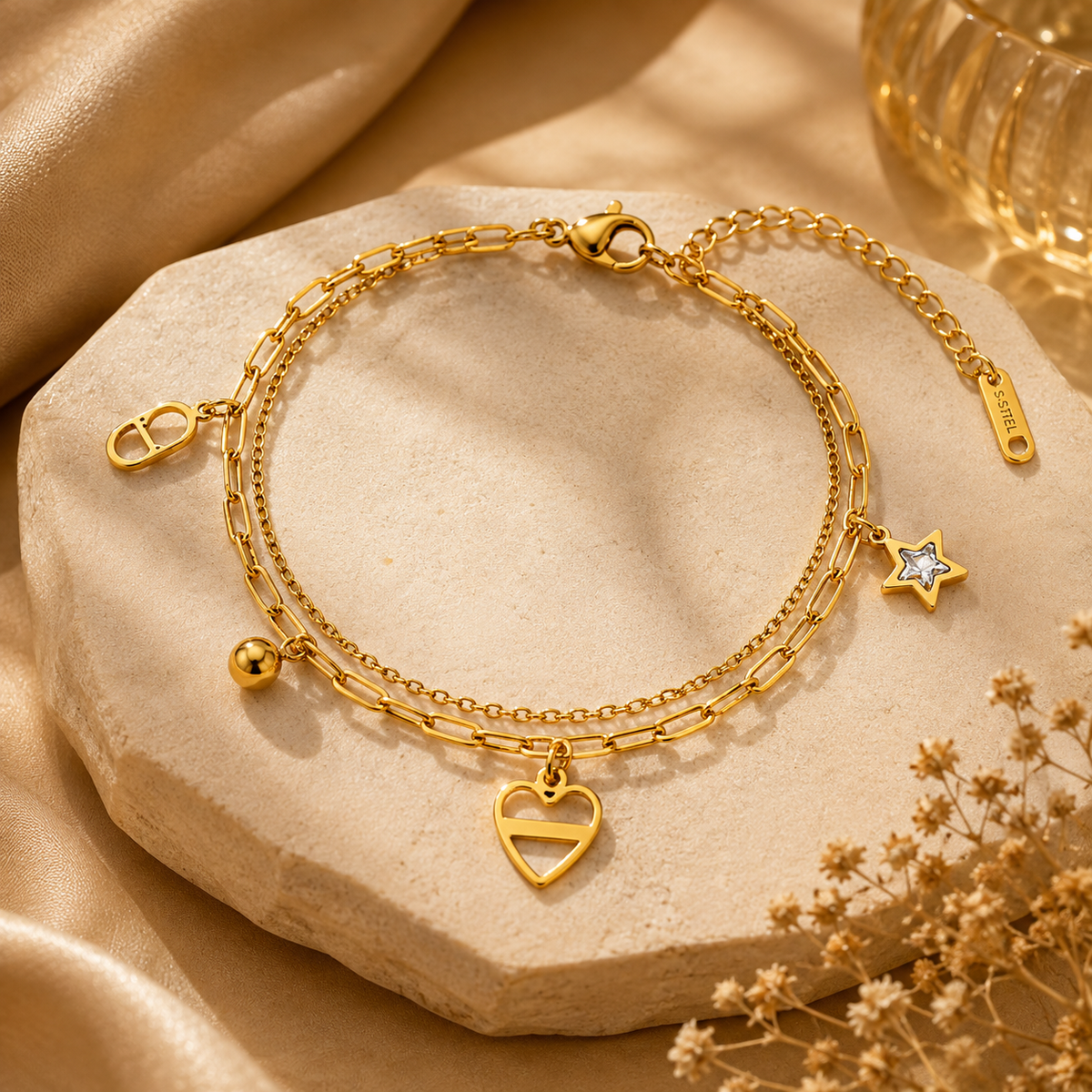 Celestial HEART & STAR LAYERED CHARM Bracelet | Gold-Tone - For Women | Includes: Bracelet