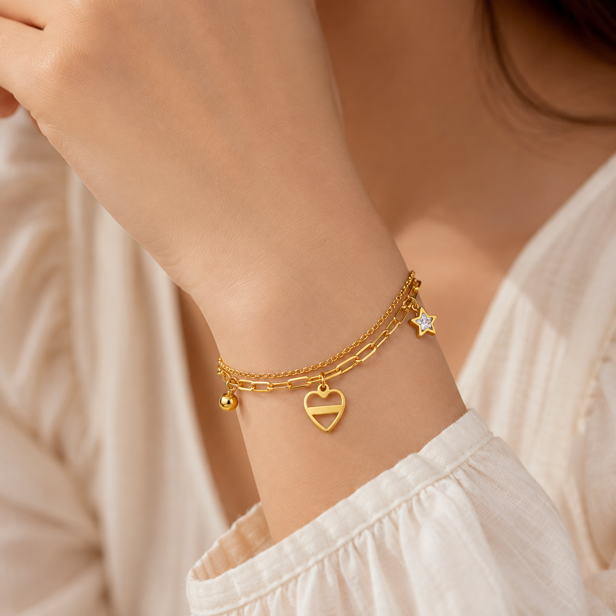 Celestial HEART & STAR LAYERED CHARM Bracelet | Gold-Tone - For Women | Includes: Bracelet