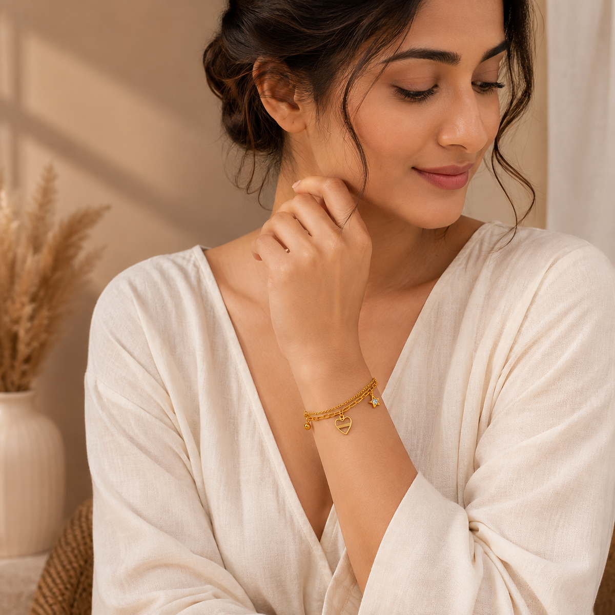 Celestial HEART & STAR LAYERED CHARM Bracelet | Gold-Tone - For Women | Includes: Bracelet