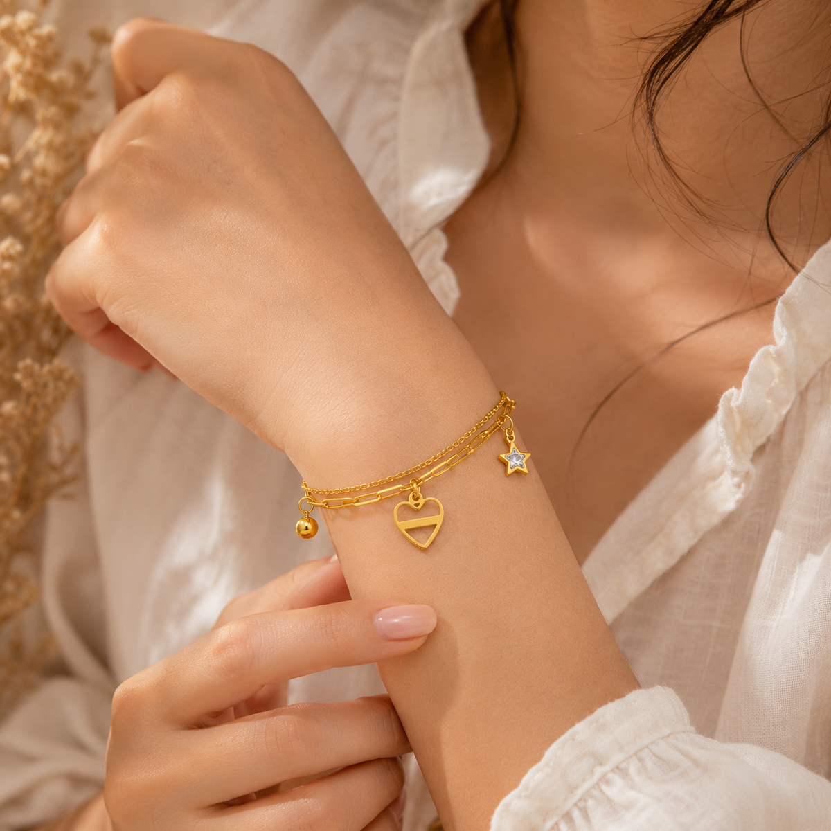 Celestial HEART & STAR LAYERED CHARM Bracelet | Gold-Tone - For Women | Includes: Bracelet