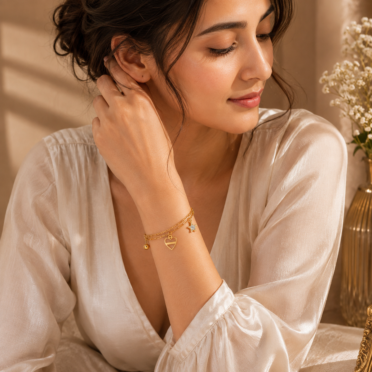Celestial HEART & STAR LAYERED CHARM Bracelet | Gold-Tone - For Women | Includes: Bracelet