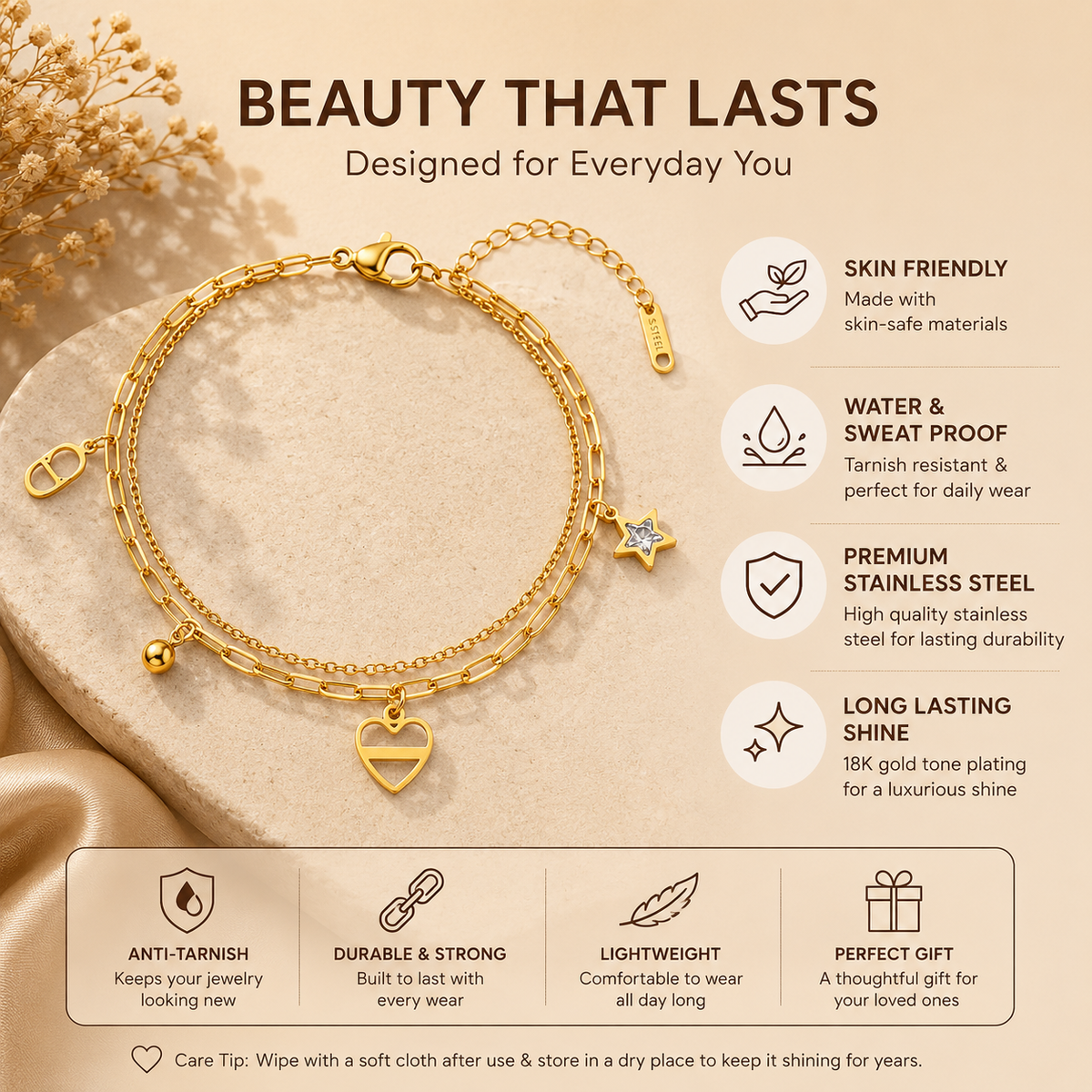 Celestial HEART & STAR LAYERED CHARM Bracelet | Gold-Tone - For Women | Includes: Bracelet