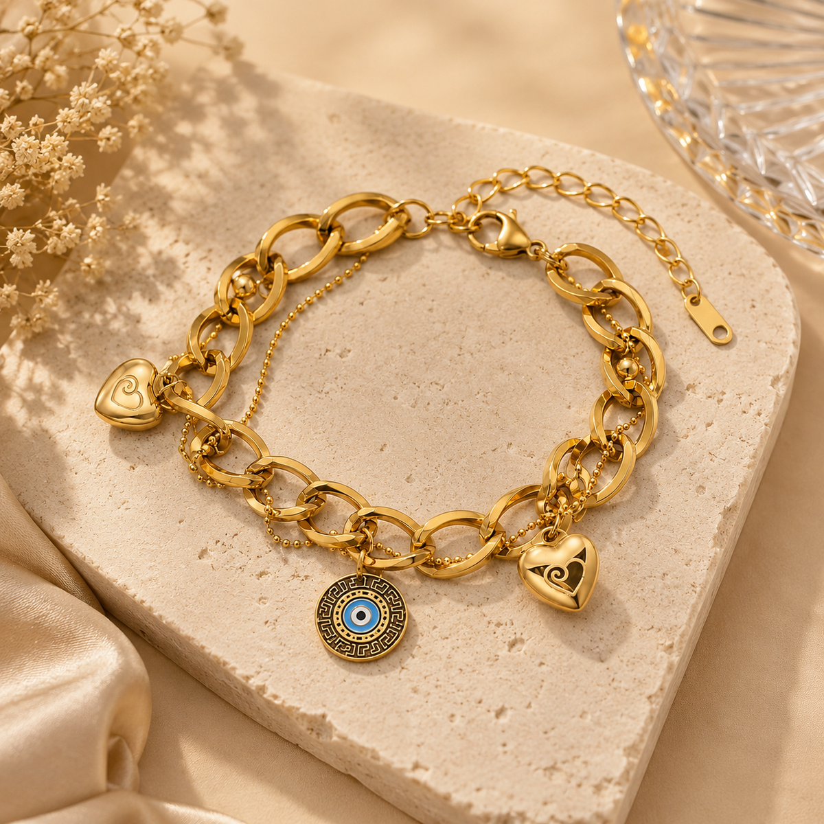Aura EVIL EYE & HEART CHARM Bracelet | Gold-Tone - For Women | Includes: Bracelet