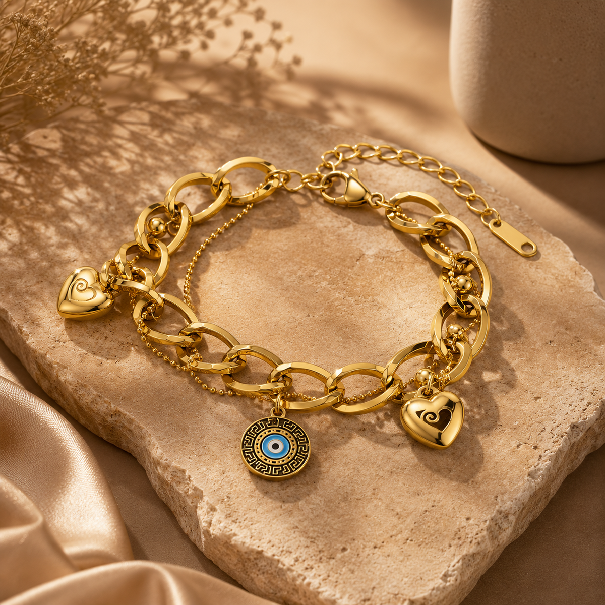 Aura EVIL EYE & HEART CHARM Bracelet | Gold-Tone - For Women | Includes: Bracelet