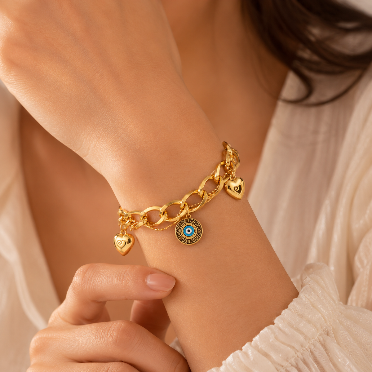 Aura EVIL EYE & HEART CHARM Bracelet | Gold-Tone - For Women | Includes: Bracelet