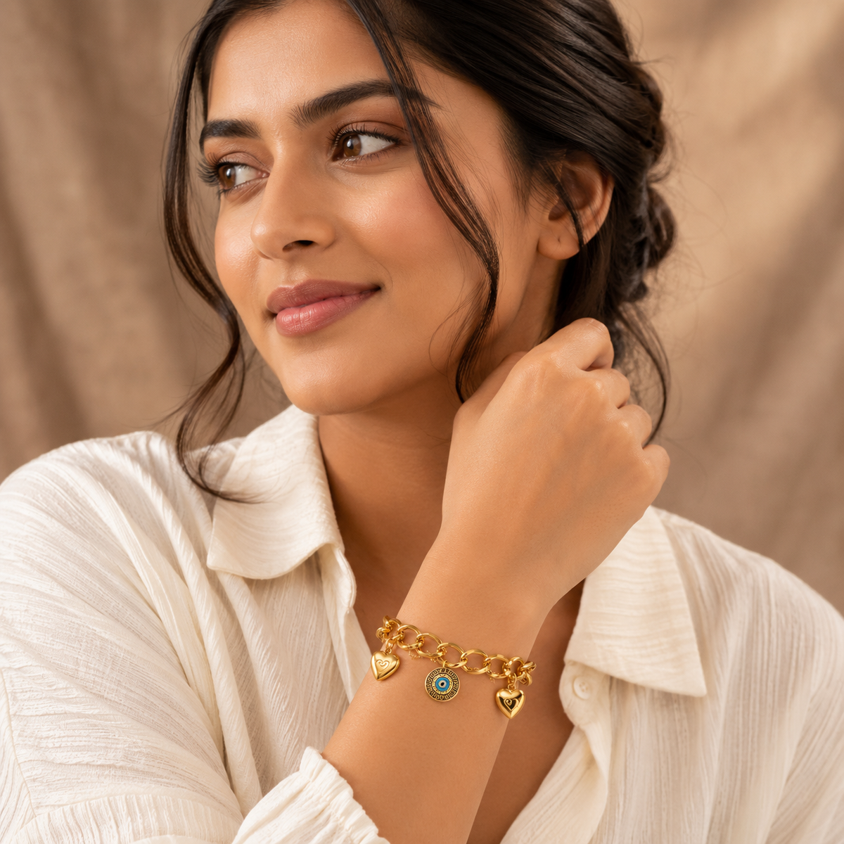 Aura EVIL EYE & HEART CHARM Bracelet | Gold-Tone - For Women | Includes: Bracelet