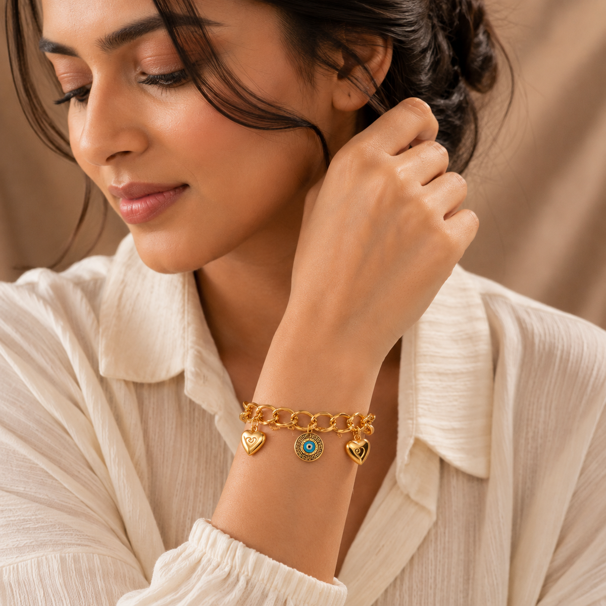 Aura EVIL EYE & HEART CHARM Bracelet | Gold-Tone - For Women | Includes: Bracelet