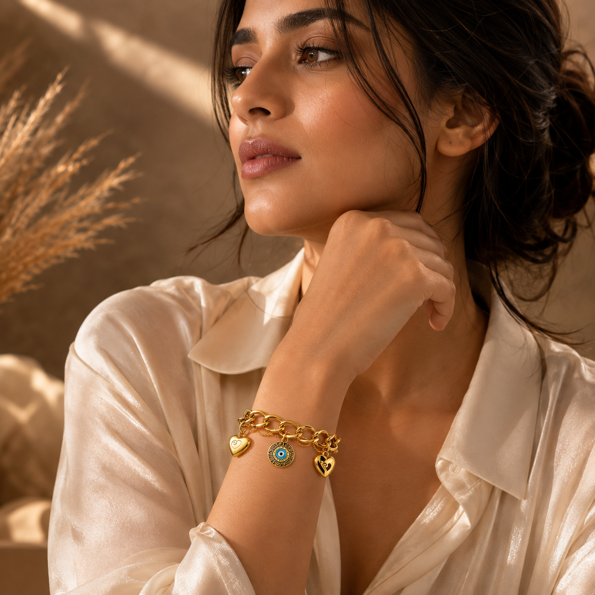 Aura EVIL EYE & HEART CHARM Bracelet | Gold-Tone - For Women | Includes: Bracelet