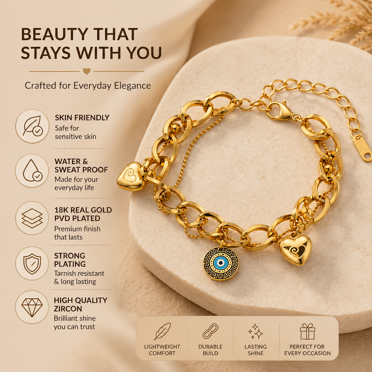 Aura EVIL EYE & HEART CHARM Bracelet | Gold-Tone - For Women | Includes: Bracelet
