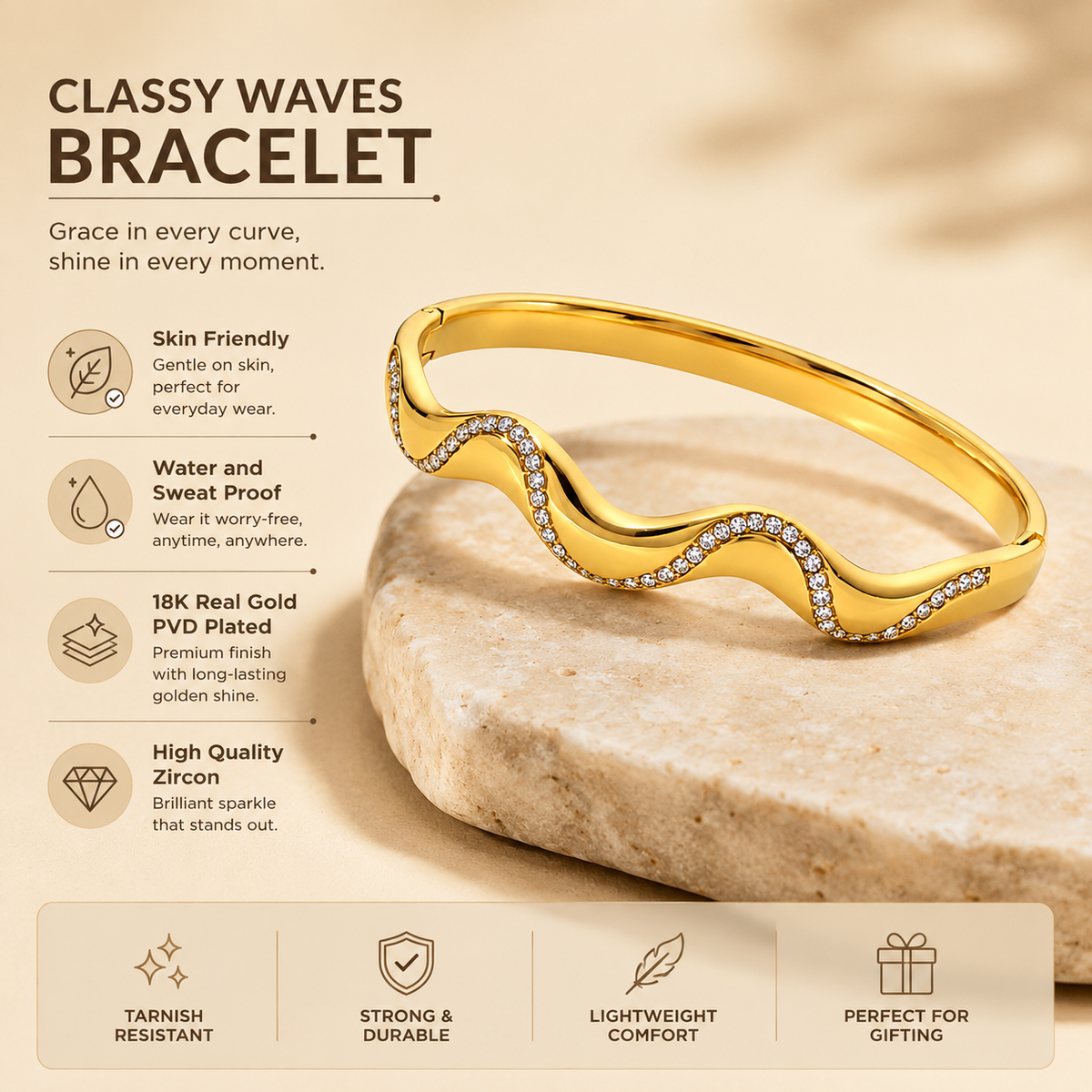 Ripple SPARKLING WAVE Bangle | Gold-Tone - For Women | Includes: Bangle