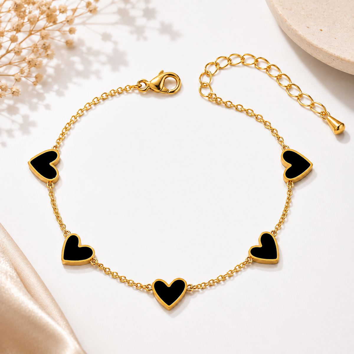 Midnight Black FIVE HEART Bracelet | Gold-Tone - For Women | Includes: Bracelet