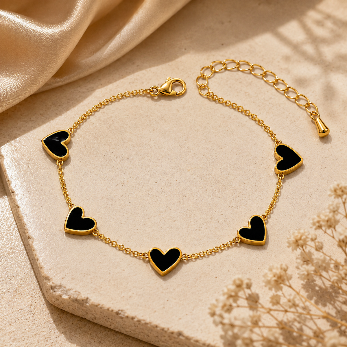 Midnight Black FIVE HEART Bracelet | Gold-Tone - For Women | Includes: Bracelet
