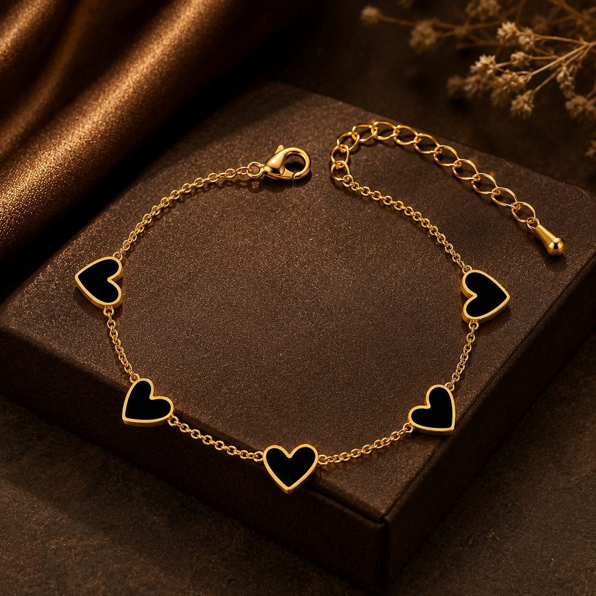 Midnight Black FIVE HEART Bracelet | Gold-Tone - For Women | Includes: Bracelet