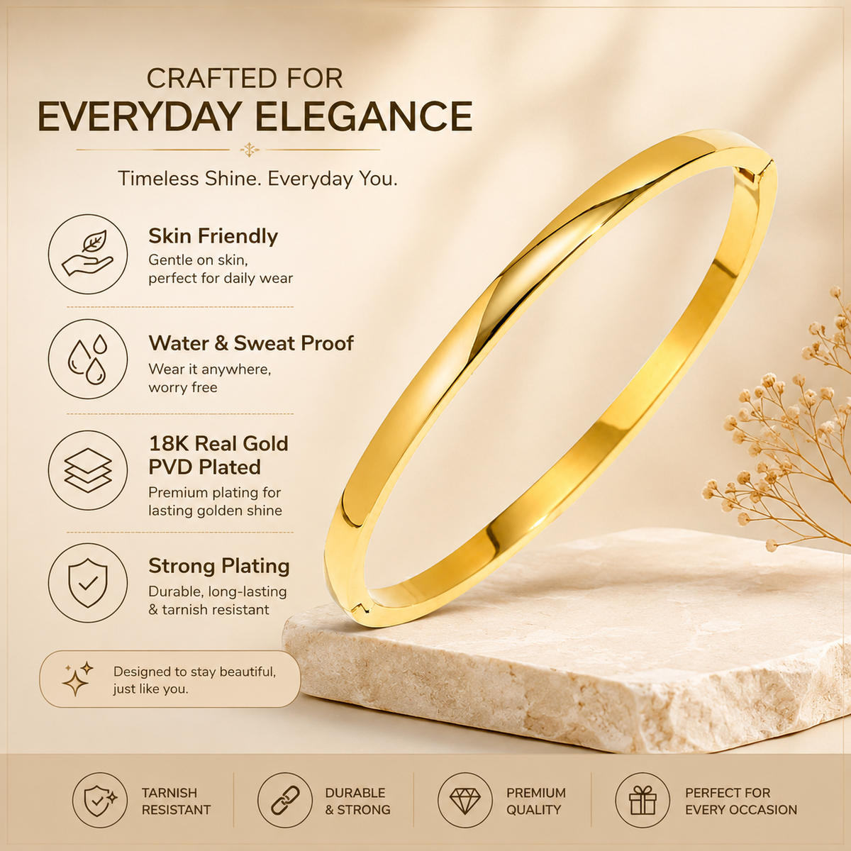 Essential SLIM POLISHED Bangle | Gold-Tone - For Women | Includes: Bangle