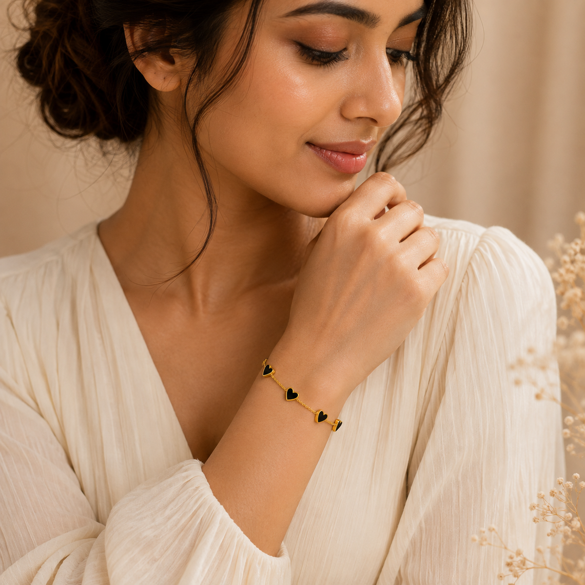 Midnight Black FIVE HEART Bracelet | Gold-Tone - For Women | Includes: Bracelet