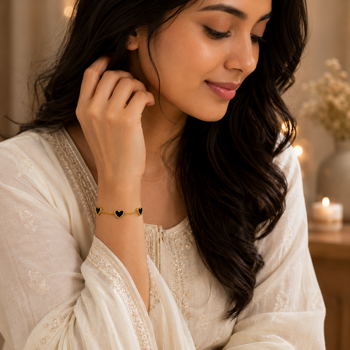 Midnight Black FIVE HEART Bracelet | Gold-Tone - For Women | Includes: Bracelet